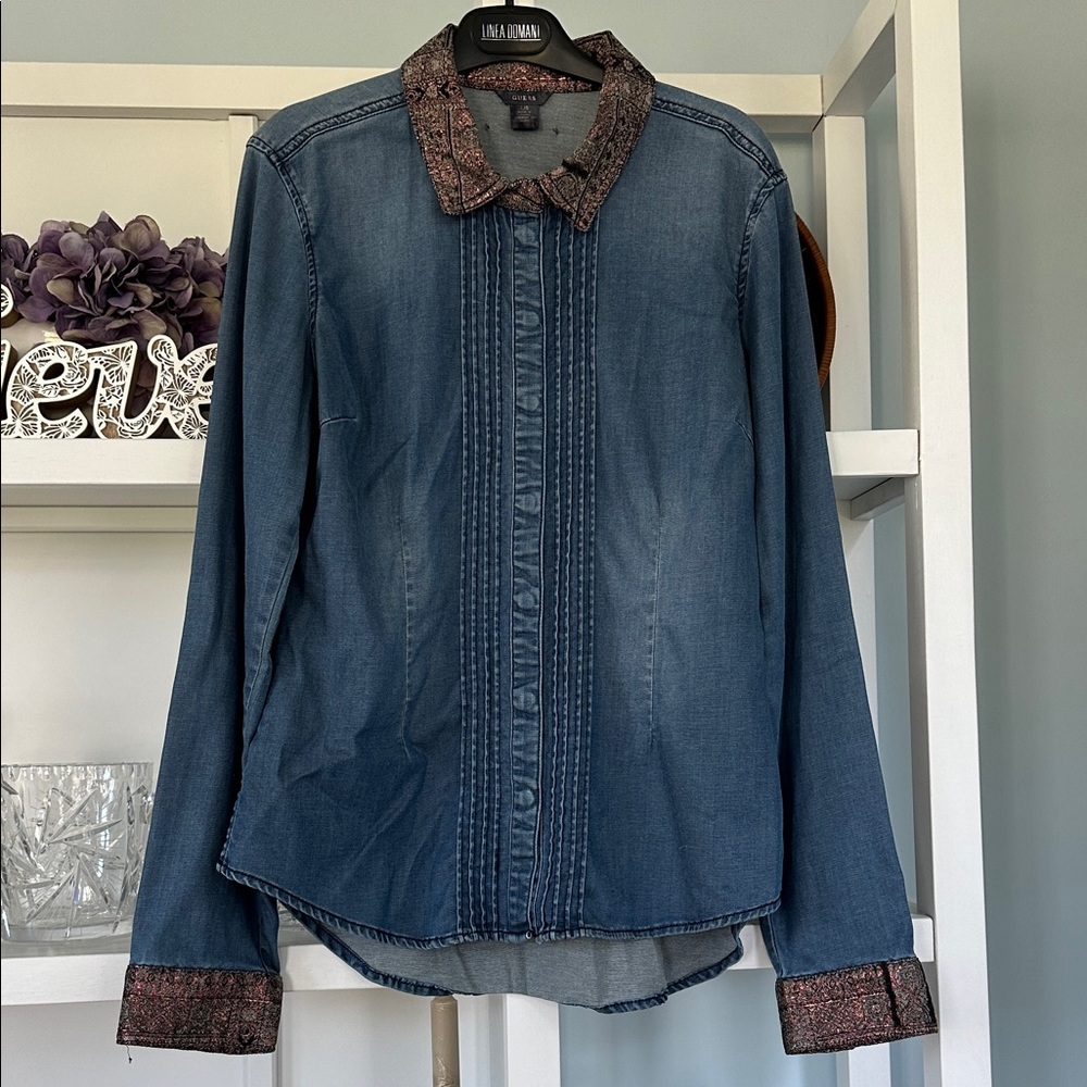 Bundle 5 items @ 20$, pay only 60$ -Blue Denim Shirt with Patterned Shiny Collar